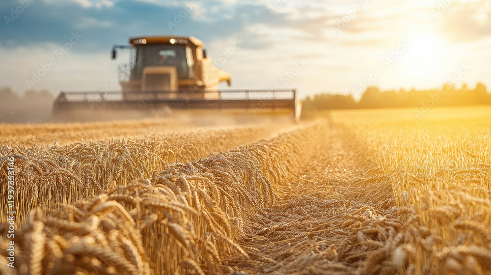 Fototapeta premium Blurred background of agricultural machinery harvesting wheat in a field, out-of-focus image, silhouettes of combines, yellow field, blue sky, harvest, tractor, farming, wheat ears