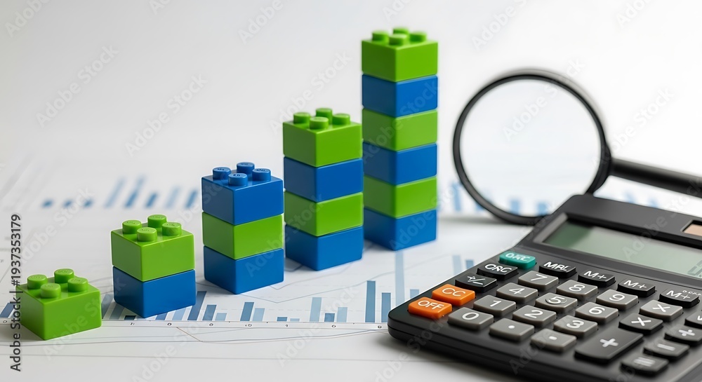 Fototapeta premium Green and blue Lego blocks stacked on a financial chart with a calculator and magnifying glass