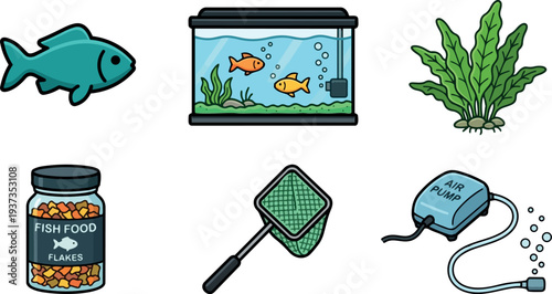 Flat design view of aquarium kit with blue fish tank two goldfish plant jar of flakes net and air pump