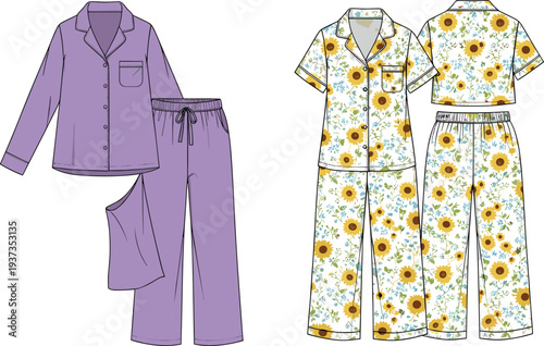 Women's pajama set technical drawing, long sleeve, short sleeve, floral print, flat sketch, nightwear template, sleepwear design, fashion illustration

 flat vector illustration