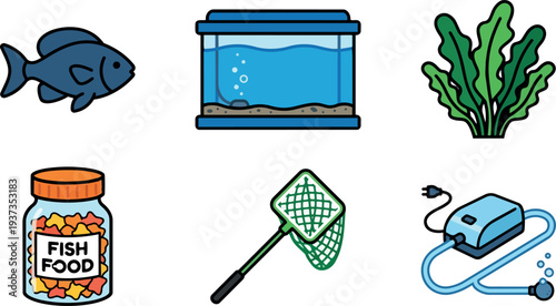 Flat design close up aquarium supplies with blue fish glass tank jar of food green seaweed net and electric pump