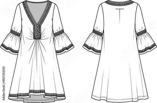 Bohemian inspired V-neck flared dress with bell sleeves, ethnic lace detailing, front pleats, loose fit, fashion technical flat illustration

 flat vector illustration