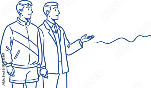 Two men standing and talking with a wavy line between them isolated on transparent background