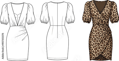 Leopard print wrap dress, deep V-neck style, puff sleeve fashion, bodycon silhouette, elegant women’s outfit, fashion technical flat sketch

 flat vector illustration