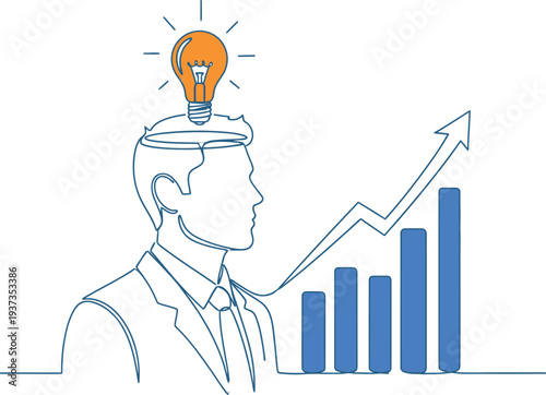 A man with a lightbulb on his head and a growing graph isolated on transparent background