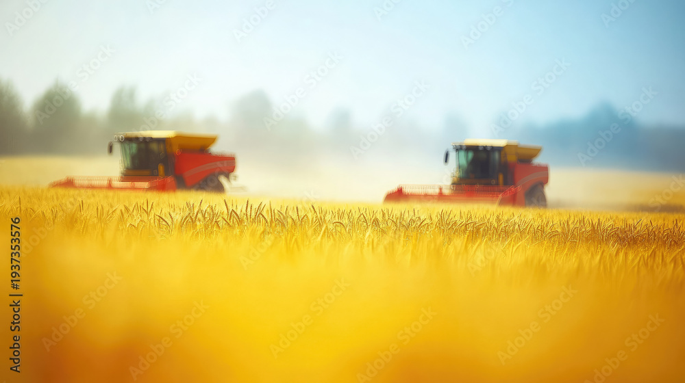 Fototapeta premium Blurred background of agricultural machinery harvesting wheat in a field, out-of-focus image, silhouettes of combines, yellow field, blue sky, harvest, tractor, farming, wheat ears