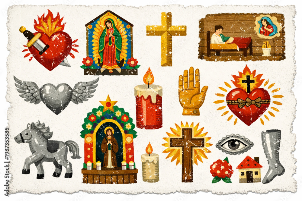 Naklejka premium Mexican Religious Folk Art Icon Set with Sacred Hearts, Milagros Charms, Ex-voto Plaques, and Shrines in Distressed Vector Style