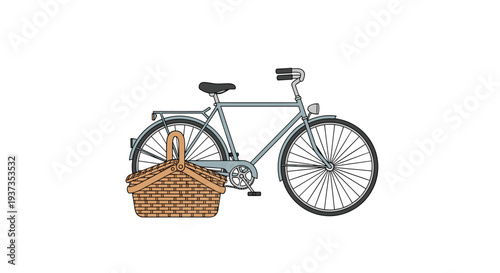 A stylized light blue bicycle with a large wicker picnic basket attached to its rear rack is prominently displayed against a clean white background.