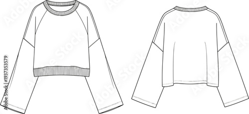 Crop sweatshirt technical flat sketch, long sleeve crewneck top front and back view, fashion illustration, loose fit casual wear

 flat vector illustration