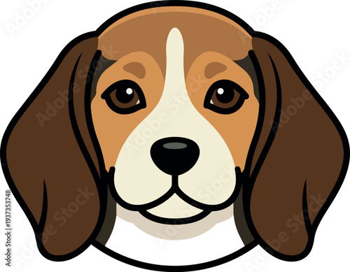 Flat design close up beagle dog face looking forward brown ears white muzzle friendly expression simple vector icon outline isolated