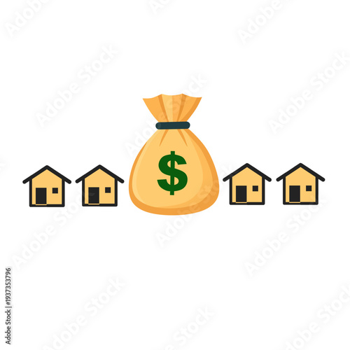 Concept of buying a house with savings and money bags, investment and financial planning for home ownership