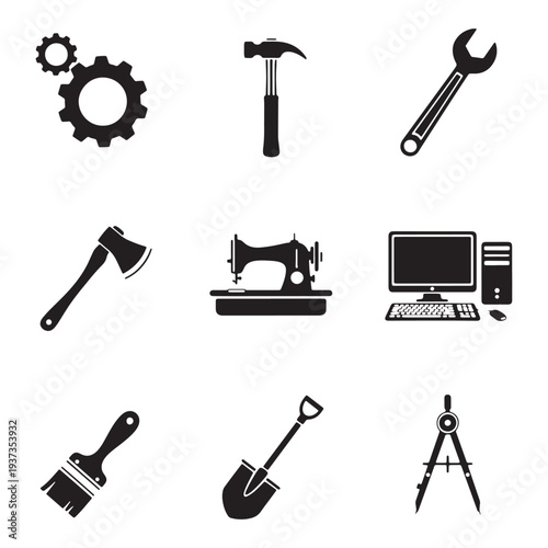 A collection of various tools and equipment in silhouette mode