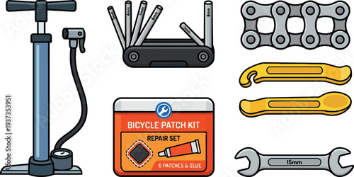 Flat design close up bicycle repair kit with floor pump multitool chain link tire levers patch kit and wrench yellow