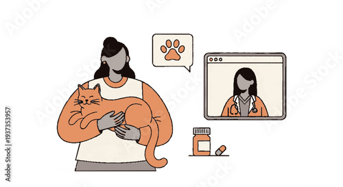 Woman holding cat while consulting veterinarian online through video call on computer with prescription bottle nearby in a simple