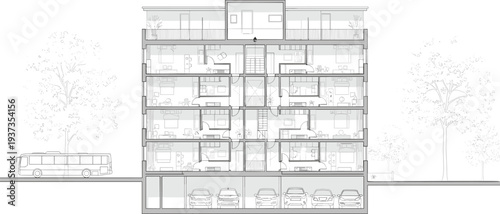 Modern residential apartment section drawing, architectural blueprint, detailed elevation, building floor plan, car parking, interior layout, urban housing

 flat vector illustration