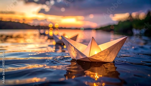 Paper boats float on rippling water at sunset. Golden light gleams on the water and illuminates the origami