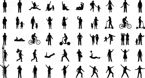 Family people silhouette vector set, parent and child activities, walking, playing, scootering, cycling, standing poses, black shape illustration

 flat vector illustration
