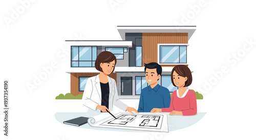 A female real estate agent in a white coat sits at a table showing a blueprint to a light-skinned couple with a modern house behind them.