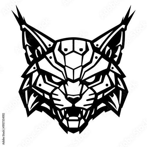 Cyberpunk cat face illustration with mechanical elements and sharp teeth