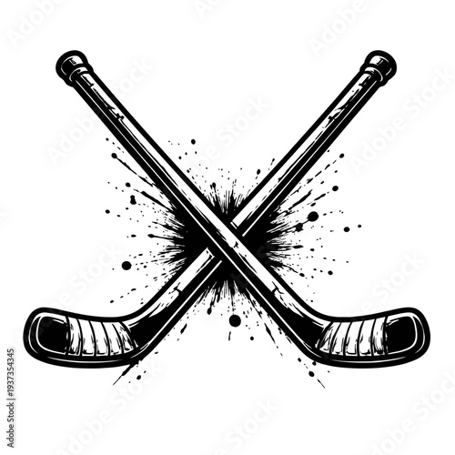 Crossed hockey sticks illustration with splatter art design in black and white