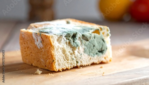 Moldy bread slice on a wooden board, close up. Disgusting, decaying, old, and past its prime, with visible mold