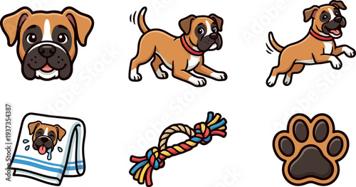 Cute flat design boxer dog icon set head playing jumping towel rope toy paw vector art friendly expressions smiling closeup