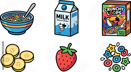 Colorful flat design cereal breakfast set bowl spoon milk carton cereal box banana slices strawberry and cereal pieces top view