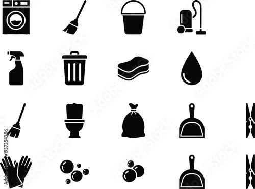 Cleaning Icon Set with Washing Machine Broom Bucket Vacuum Spray Trash Can Sponge Toilet Bag Dustpan Gloves Silhouette Isolated Vector