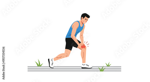A light-skinned man in a blue tank top and black shorts stands on a grey path clutching his right knee in visible pain.