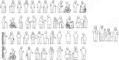Vector illustration of elderly people, seniors walking, talking, sitting, using cane and wheelchair, aged community, healthcare, support, outline art flat vector illustration