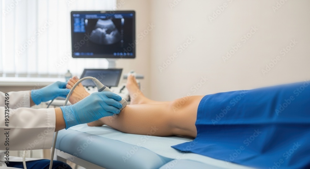 Obraz premium Professional doctor performing ultrasound scan on female patient leg in clinic, medical diagnostic of varicose veins, blood vessels and vascular health checkup healthcare concept.