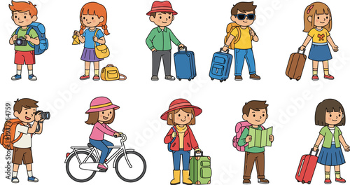 Cartoon kids and adults traveling with backpacks, suitcases, camera, map, bike, outdoor tourism adventure, vacation journey illustration pack

 flat vector illustration