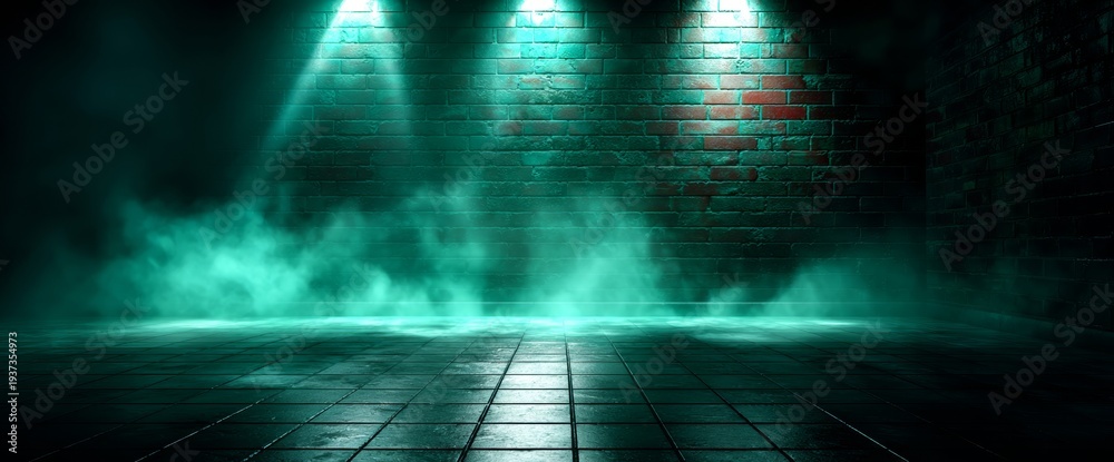 Fototapeta premium Smoke and Light Create a Dramatic Setting in a Dark Room With Green Lights and Fog on the Floor Near Red Brick Walls