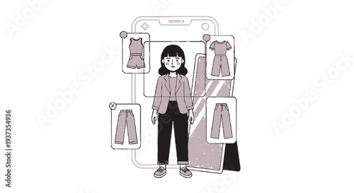 Stylish woman selecting modern clothing items on a digital tablet interface featuring minimalist icons and outfits