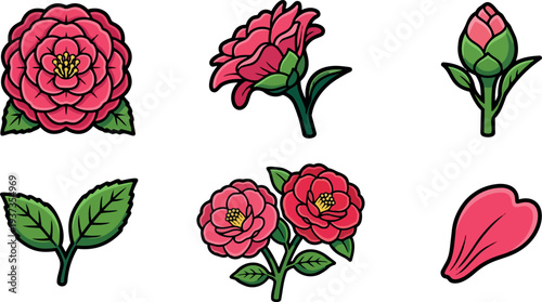 Flat design close up camellia flower sticker set various buds blossoms leaves side view top view bright vector art pink