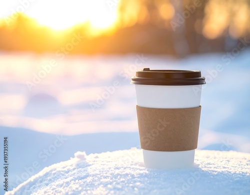 Paper cup of coffee/tea sits atop a snow-covered surface during golden hour, blurred trees in the distance