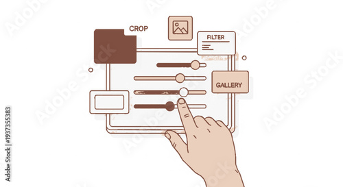 Hand interacting with modern digital interface adjusting settings on sleek brown and beige control panel with sliders