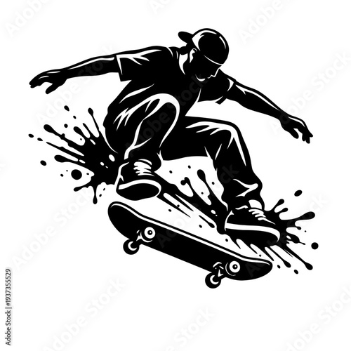 Skateboarder performing a trick with dynamic ink splashes around the skateboard and rider in action