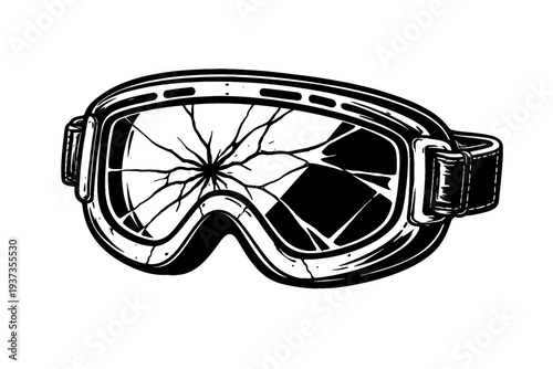 Shattered ski goggles illustration on white background, broken eyewear, damaged protective gear, cracked safety glasses, destroyed winter sports equipment, fractured goggles, black and white artwork