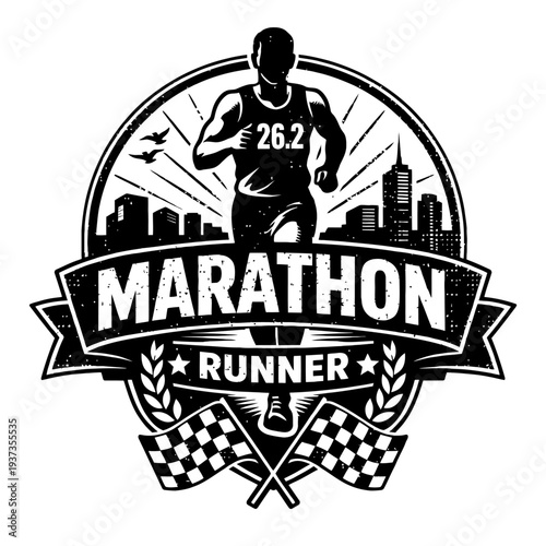 Marathon Runner Logo Design with Cityscape and Checkered Flags