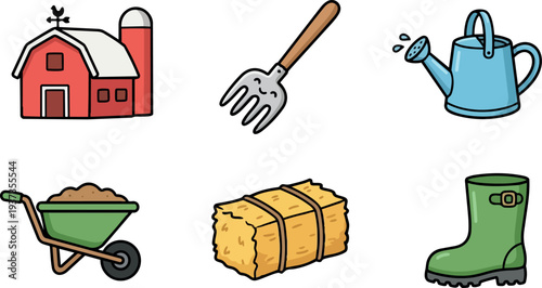 Flat design cute farm tool icons set barn watering can wheelbarrow pitchfork hay bale green boot in white playful outline