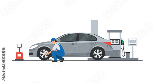 A light-skinned man in a blue uniform kneels beside a grey sedan checking the tire pressure with a gauge at a service station.