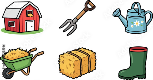 Flat design colorful farm icons set showing barn pitchfork watering can wheelbarrow hay bale and green boot close up isolated