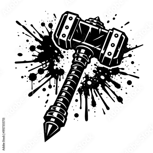 Black and white illustration of a hammer with a long handle and pointed tip surrounded by paint splatters
