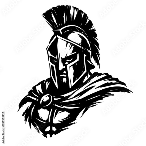 Ancient Greek warrior in a helmet with a plume, graphic illustration, black and white, historical, armor, fierce expression