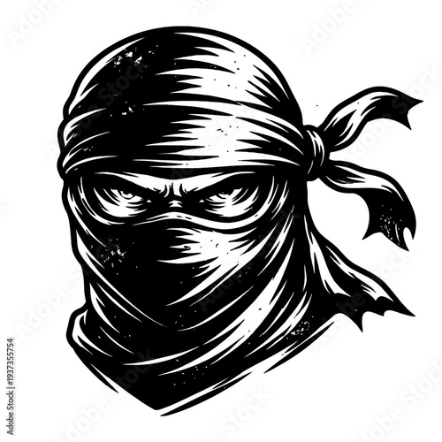 A black and white illustration of a man wearing a headscarf tied around his face and head, giving an intimidating look with his intense gaze.