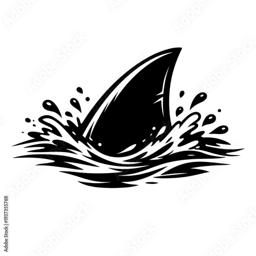 Black and white illustration of a shark fin breaking the surface of the water with splashes around it, creating a dramatic effect.