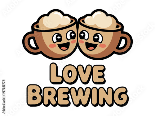 Cartoon Coffee Cups with Smiling Faces and Love Brewing Text on White Background Illustration