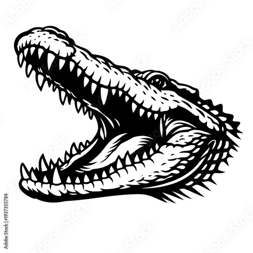 Black and white crocodile head illustration with open mouth and sharp teeth, wildlife reptile danger sign
