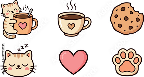 Cute kawaii cat holding coffee mug cookie heart paw icons flat vector set pastel colors kawaii style close up smiling